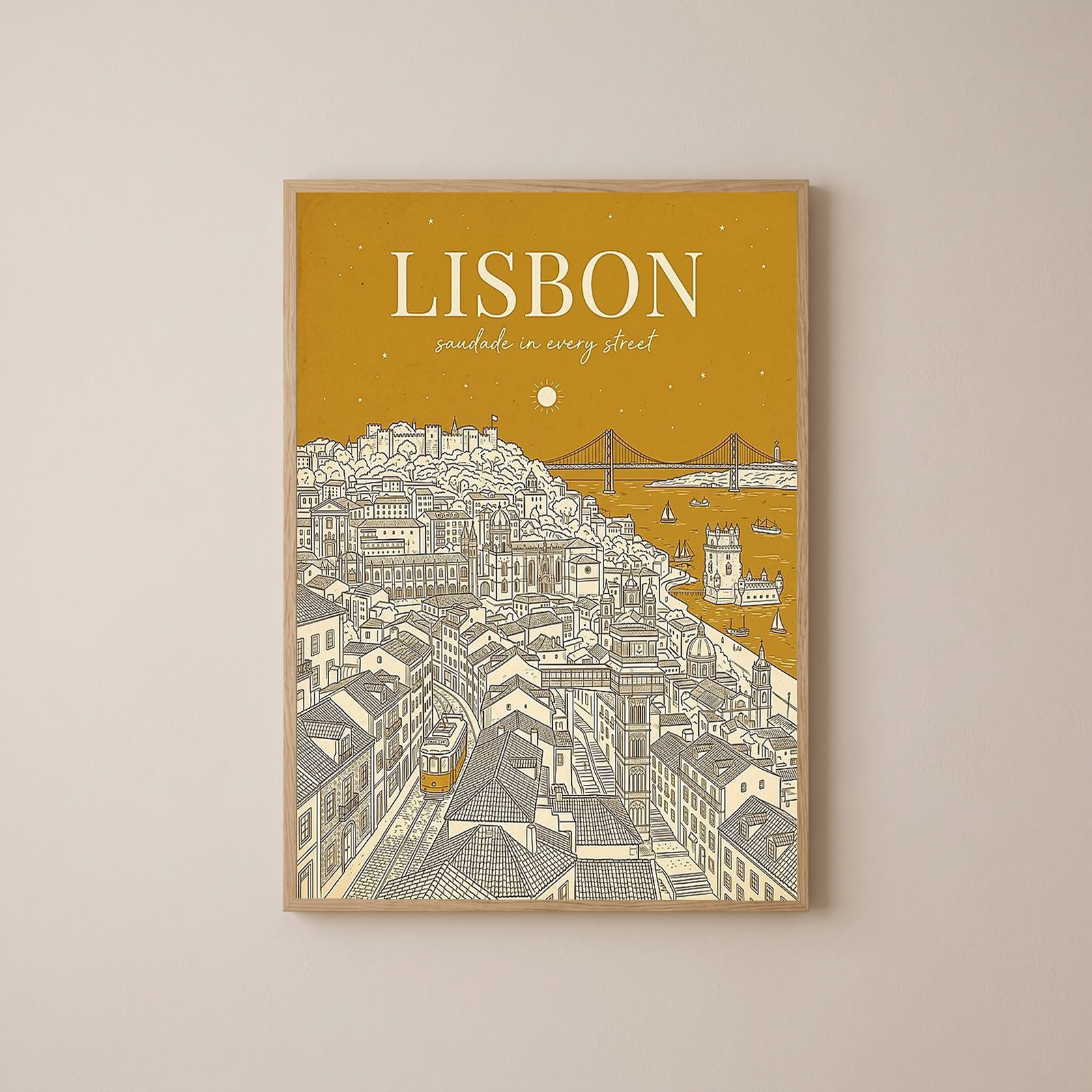 Lisbon Line Art Print — Mustard Yellow Tram Belém Tower Skyline Wall Art