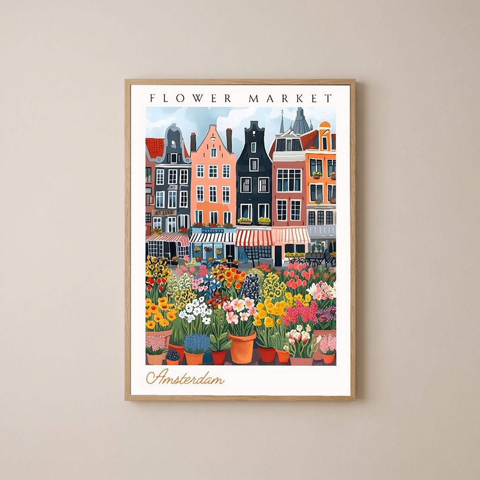 Amsterdam Flower Market Print — Canal Houses Tulip Cityscape Art