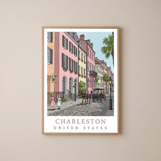 Charleston SC Travel Poster — Rainbow Row Carriage Ride Pastel Print