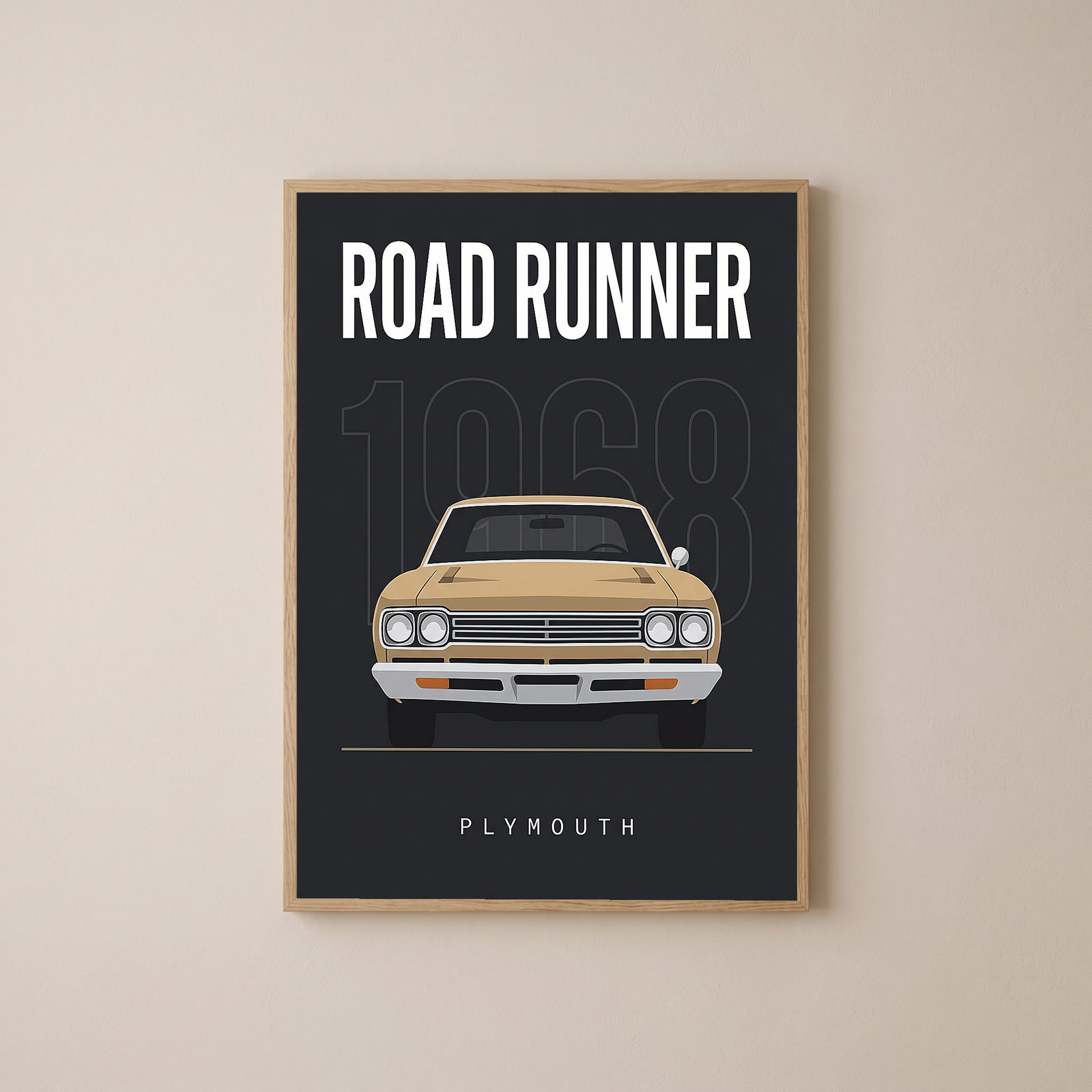 Plymouth Road Runner 1968 V2 Minimalist Poster — Sand on Charcoal Muscle Line Art