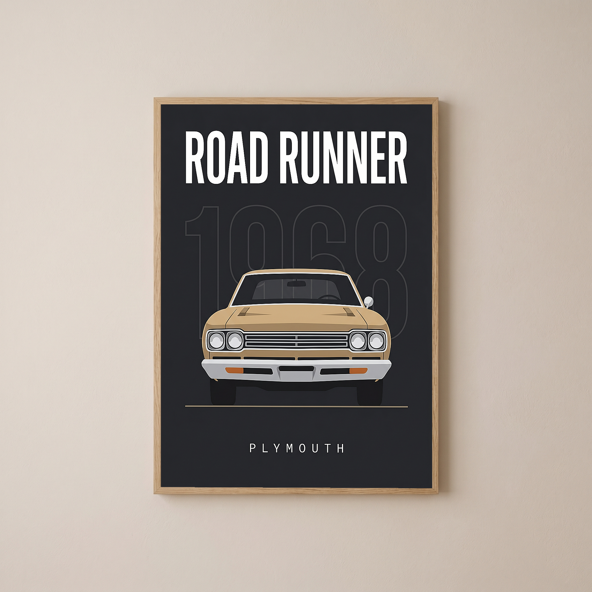 Plymouth Road Runner 1968 V2 Minimalist Poster — Sand on Charcoal Muscle Line Art