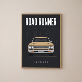 Plymouth Road Runner 1968 V2 Minimalist Poster — Sand on Charcoal Muscle Line Art