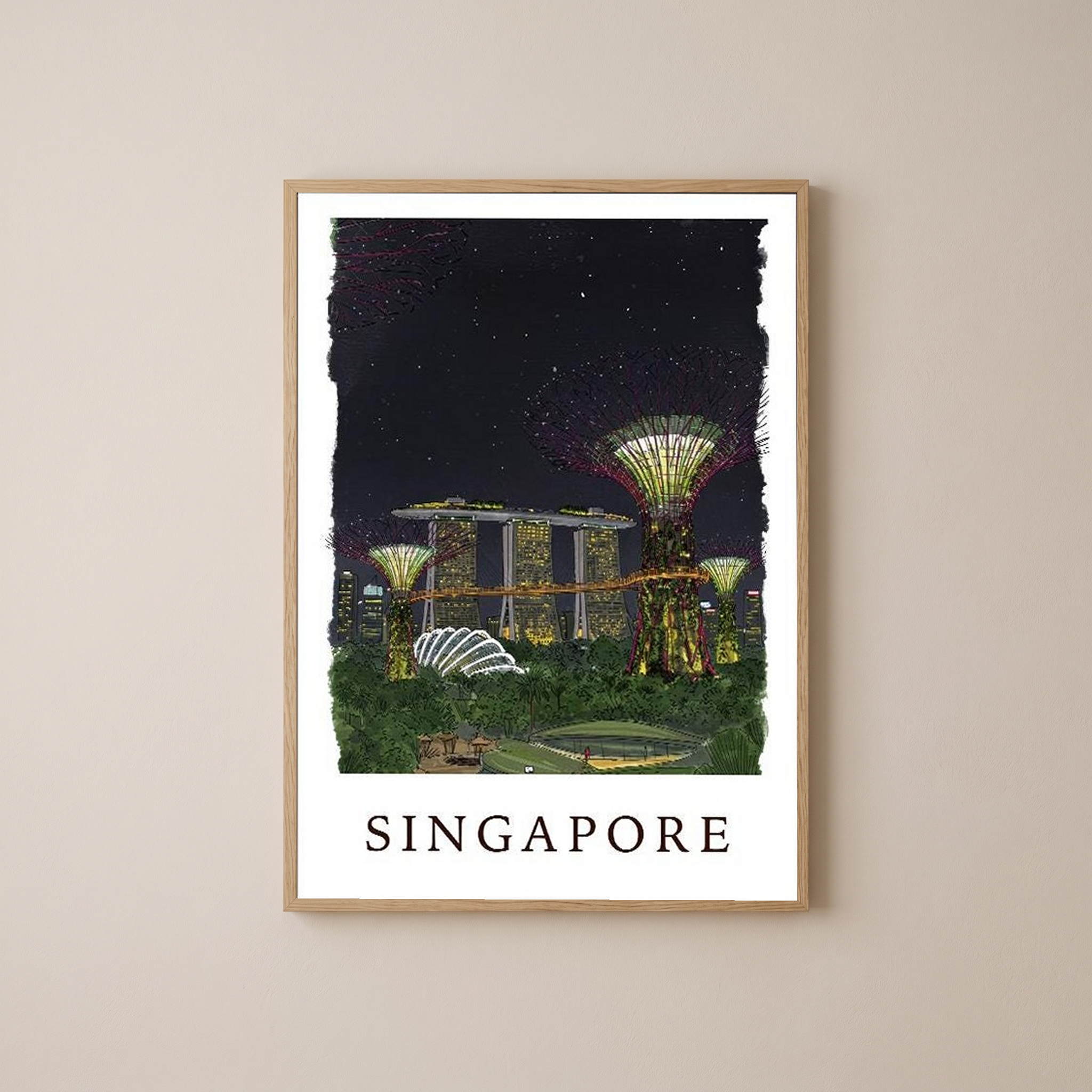 Singapore Travel Poster — Gardens by the Bay Marina Night Print