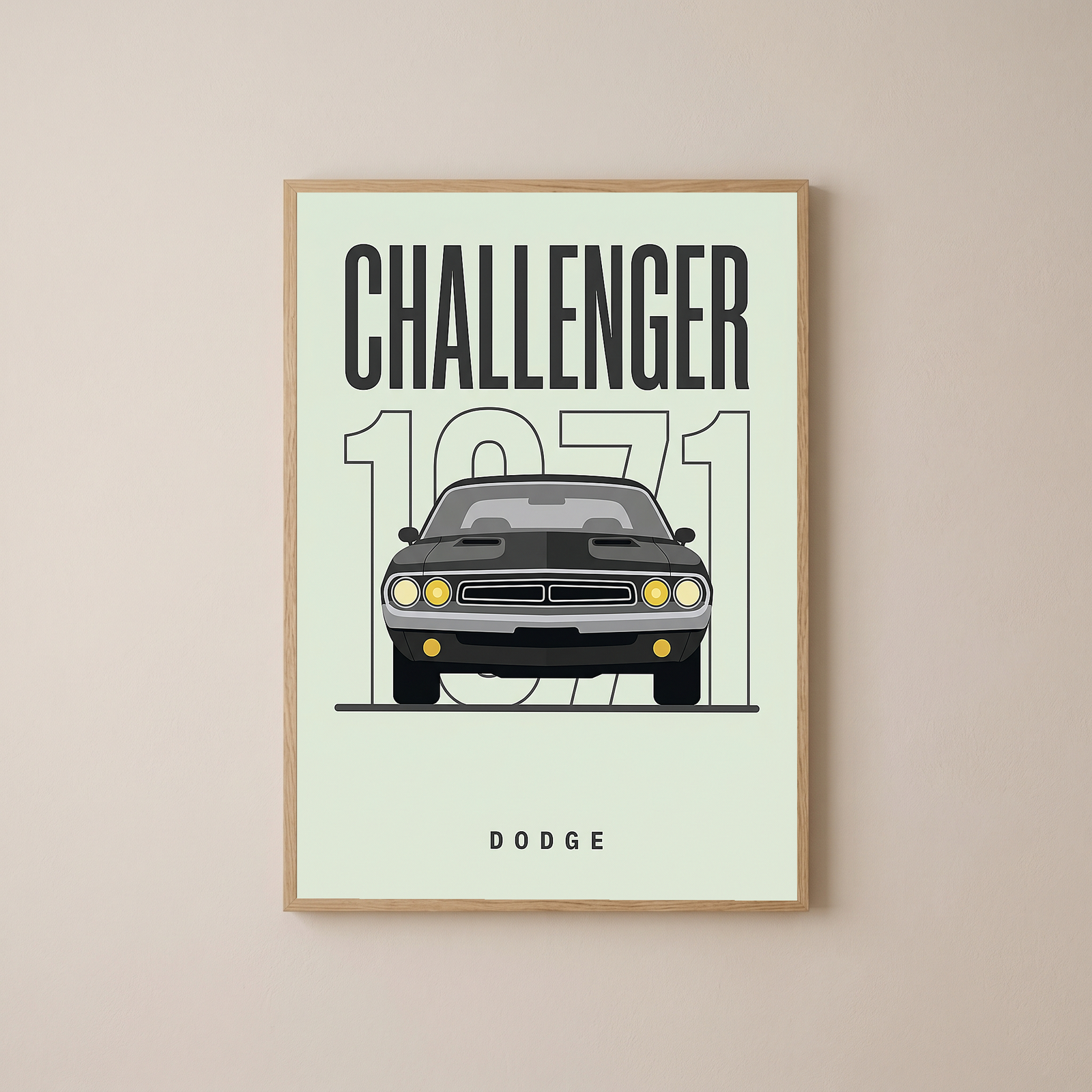 Dodge Challenger 1971 Minimalist Poster — Mint Sage Muscle Car Line Art