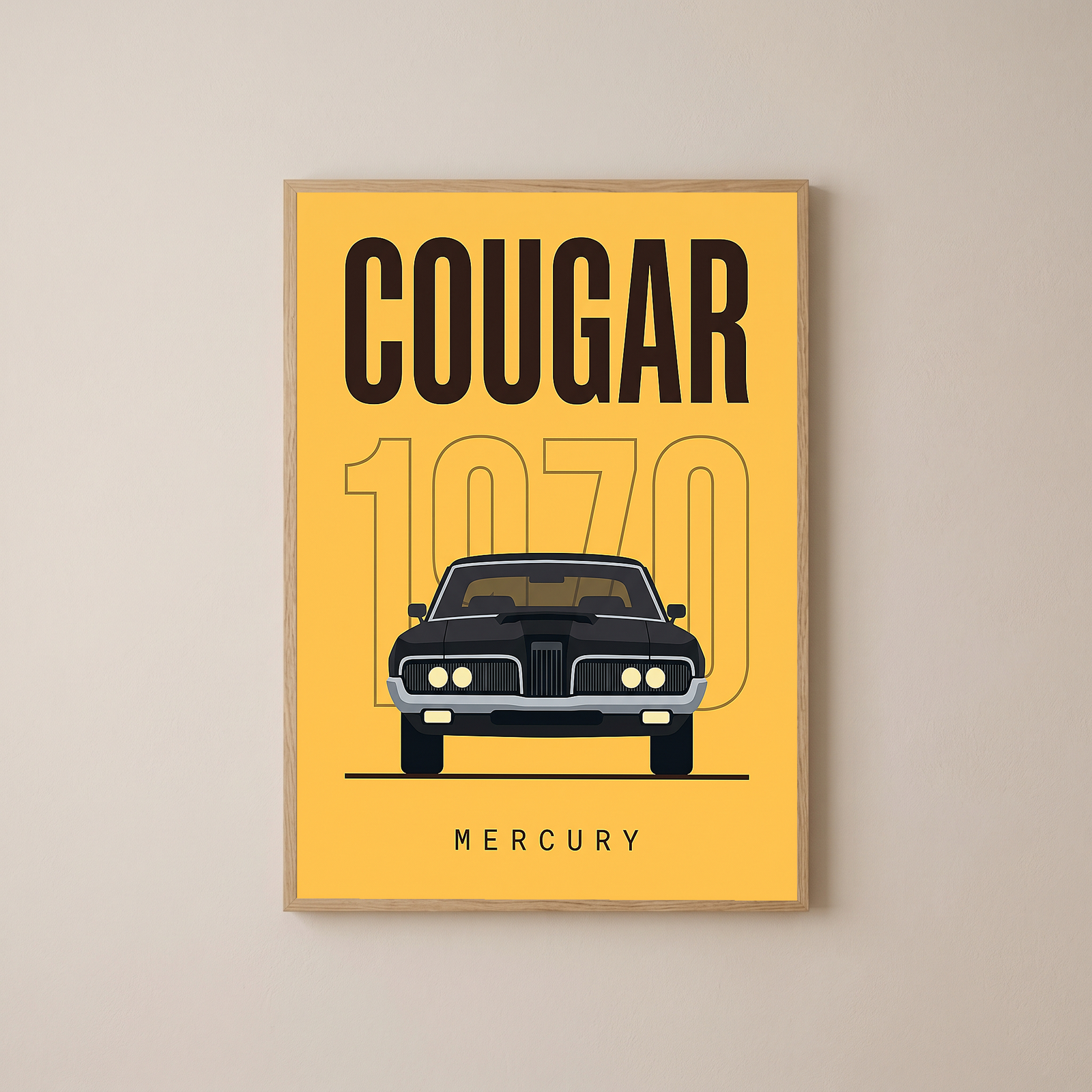 Mercury Cougar 1970 Minimalist Poster — Golden Yellow Muscle Car Line Art