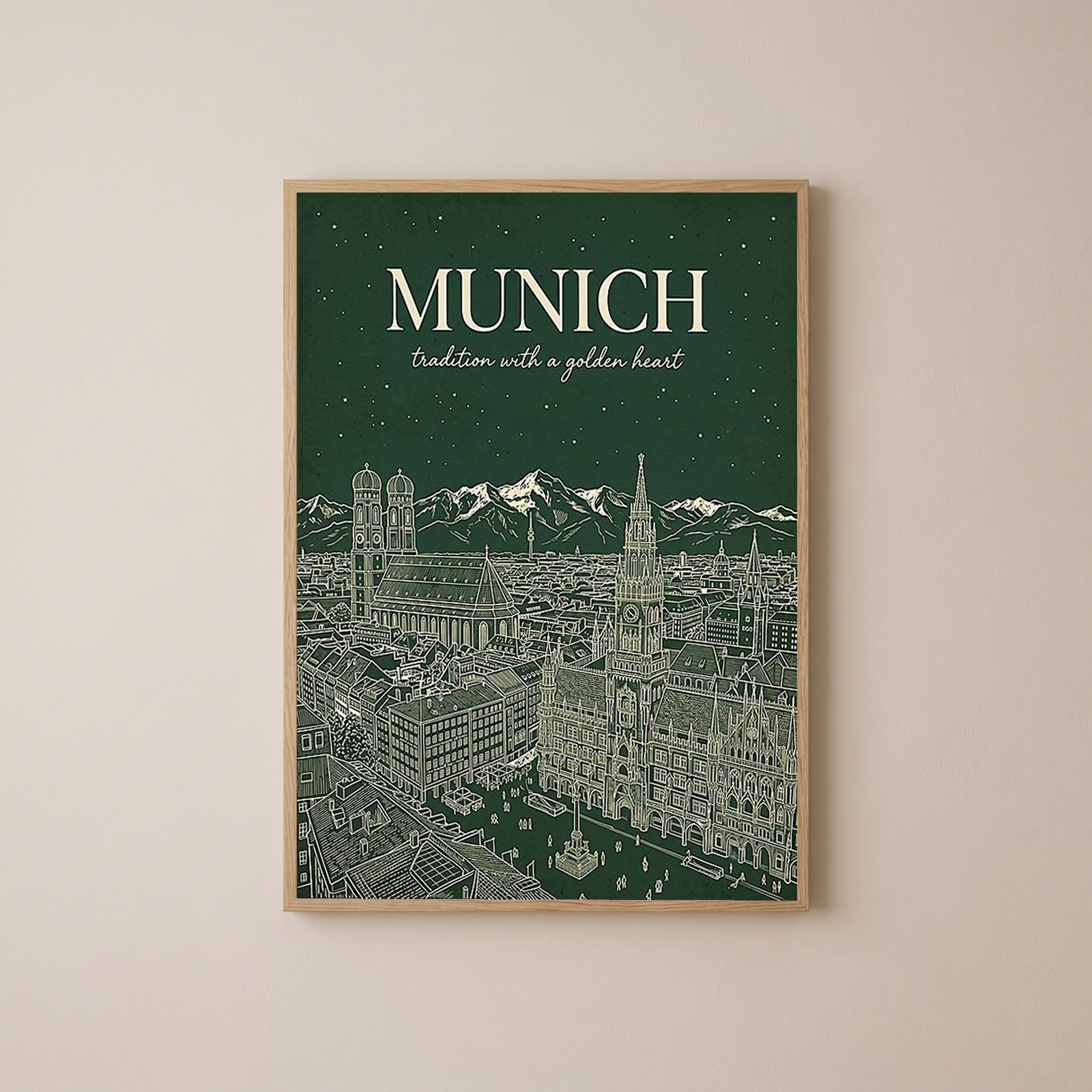 Munich Line Art Print — Forest Green Frauenkirche Marienplatz Skyline Wall Art