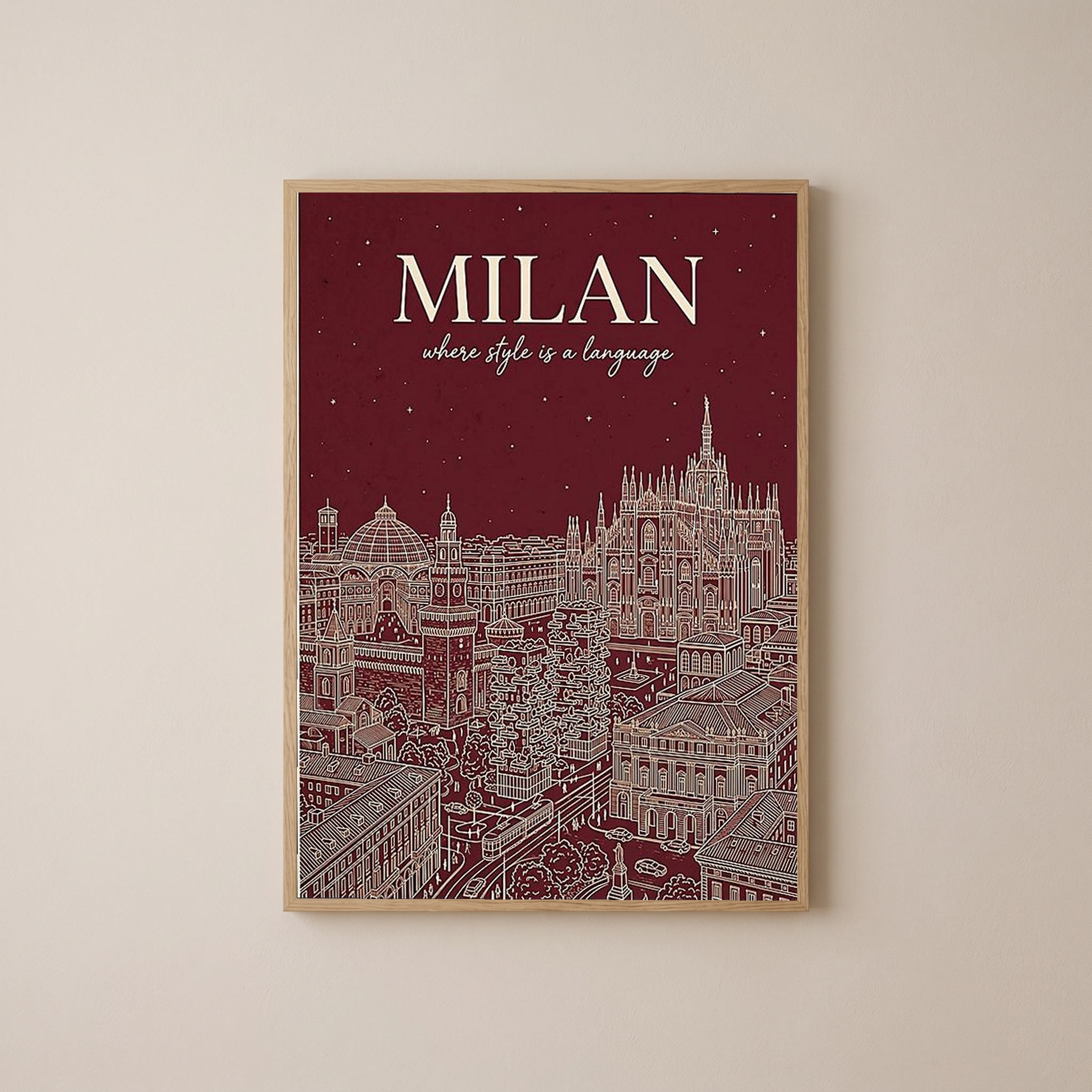 Milan Line Art Print — Wine Red Duomo Skyline Wall Art