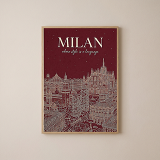 Milan Line Art Print — Wine Red Duomo Skyline Wall Art