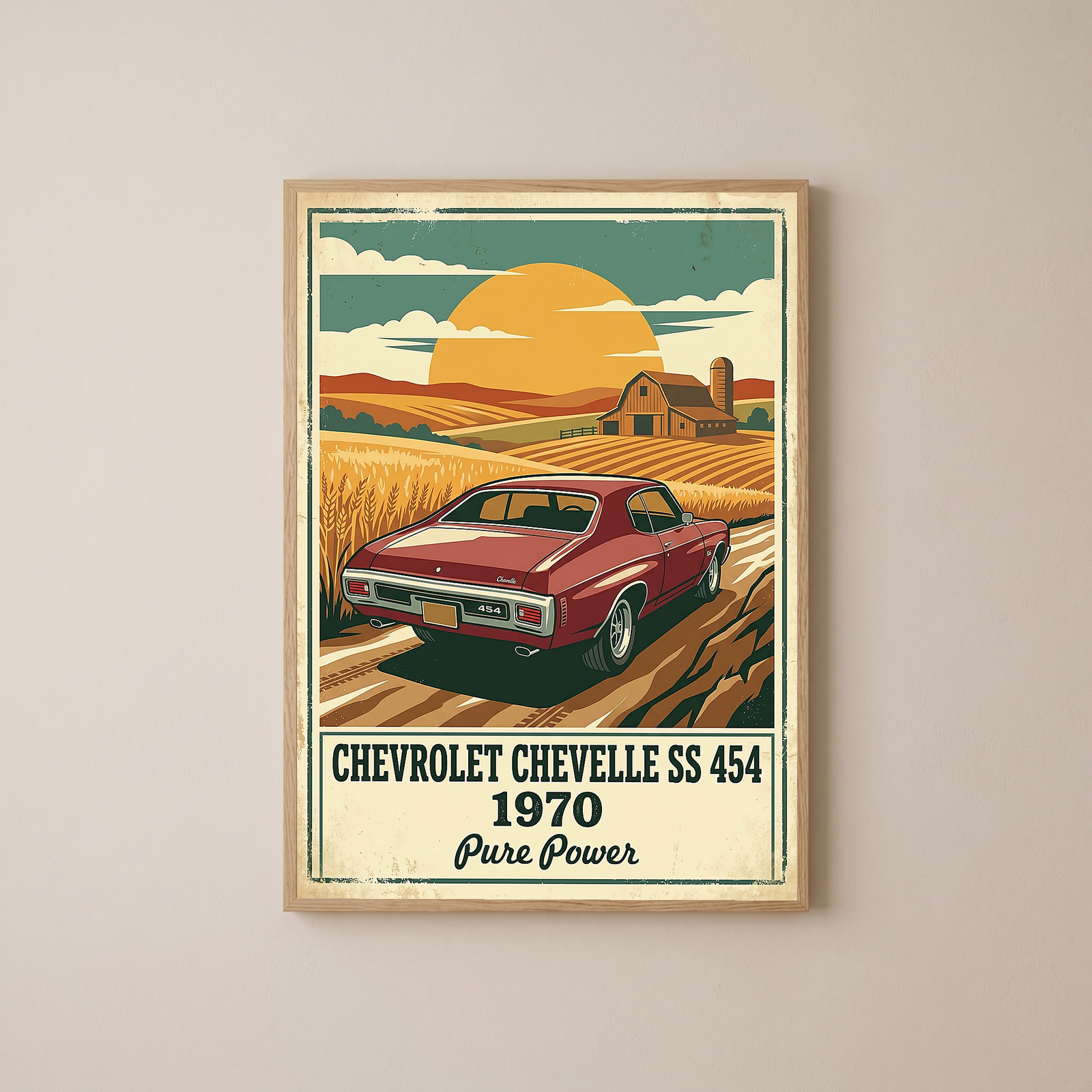 Chevrolet Chevelle SS 454 1970 V3 Poster — Vintage Muscle Car Wheat Field Barn Print