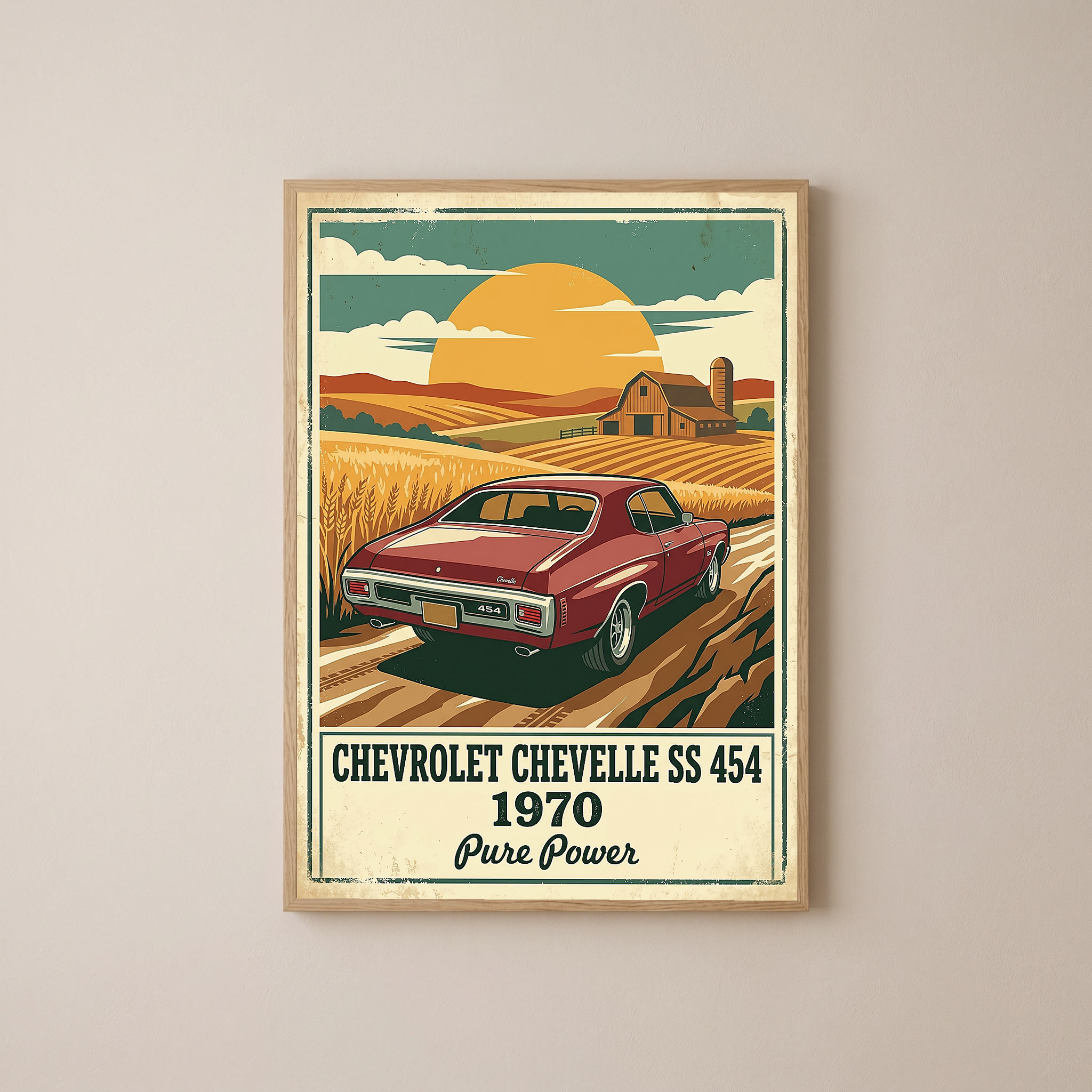 Chevrolet Chevelle SS 454 1970 V3 Poster — Vintage Muscle Car Wheat Field Barn Print