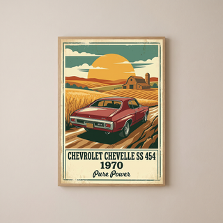 Chevrolet Chevelle SS 454 1970 V3 Poster — Vintage Muscle Car Wheat Field Barn Print