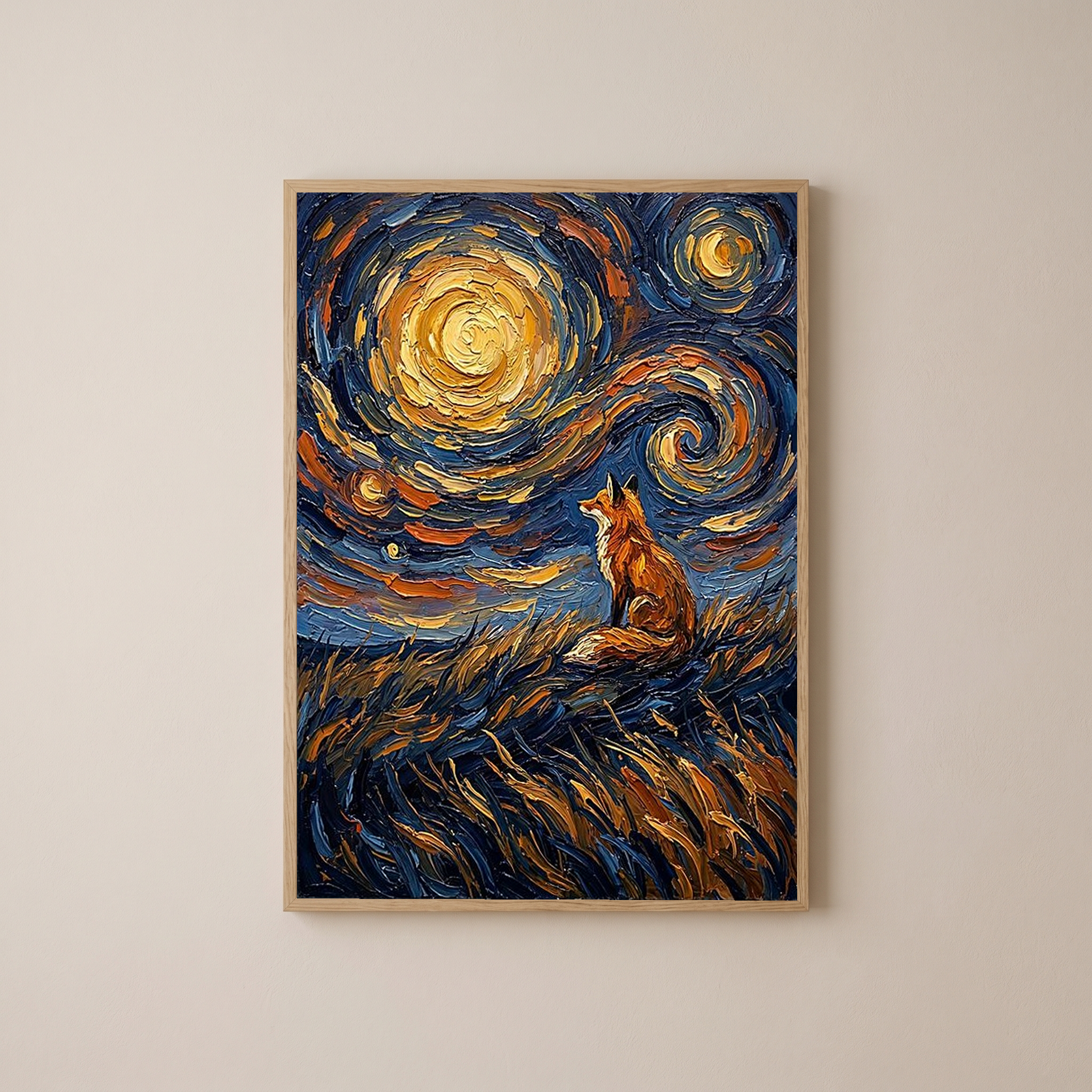 Lone Fox Starry Night Print — Van Gogh-Style Wildlife Hillside Wall Art