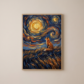 Lone Fox Starry Night Print — Van Gogh-Style Wildlife Hillside Wall Art