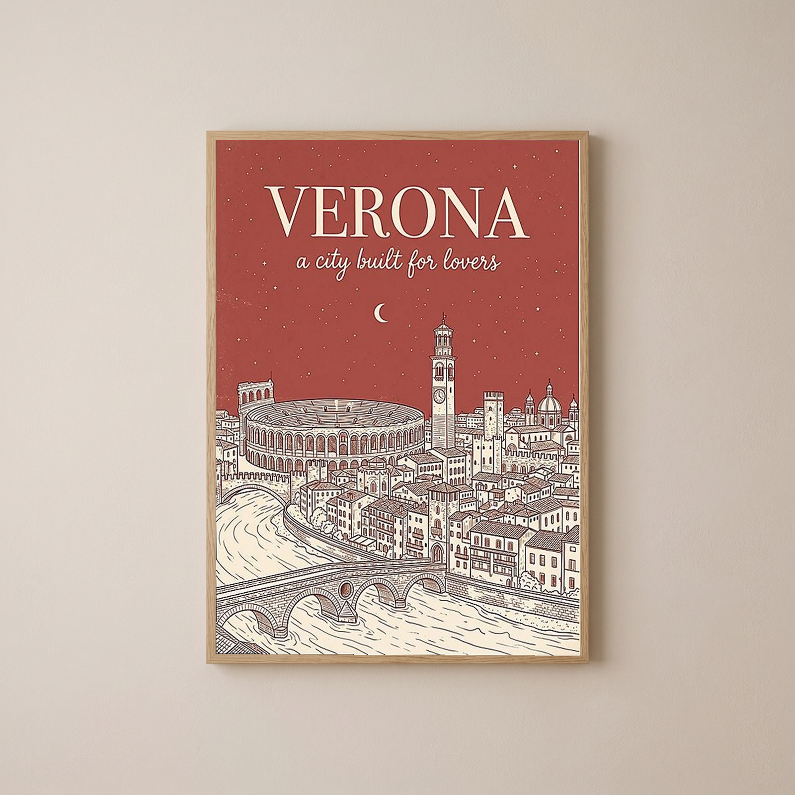 Verona Line Art Print — Rust Arena Ponte Pietra Skyline Wall Art