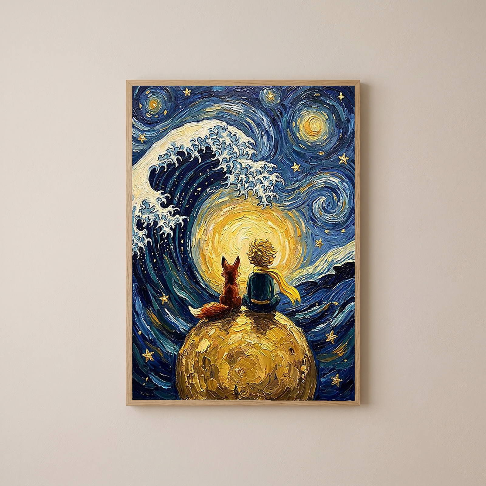 Little Prince Fox &amp; Planet Print — Van Gogh-Style Nursery Wall Art