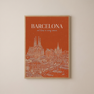 Barcelona Line Art Print — Burnt Orange Sagrada Familia Skyline Wall Art