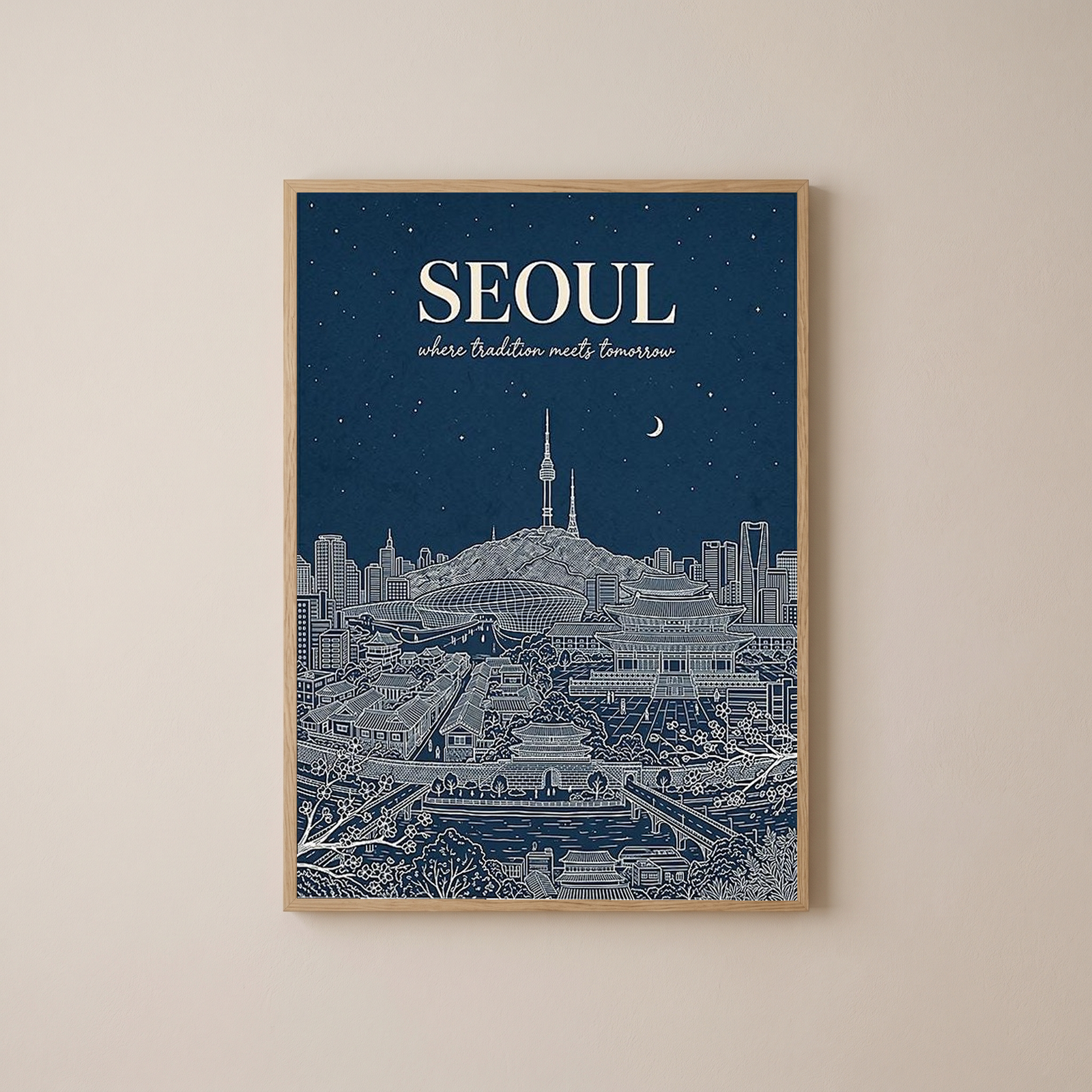 Seoul Line Art Print — Navy N Seoul Tower Gyeongbokgung Palace Skyline Wall Art