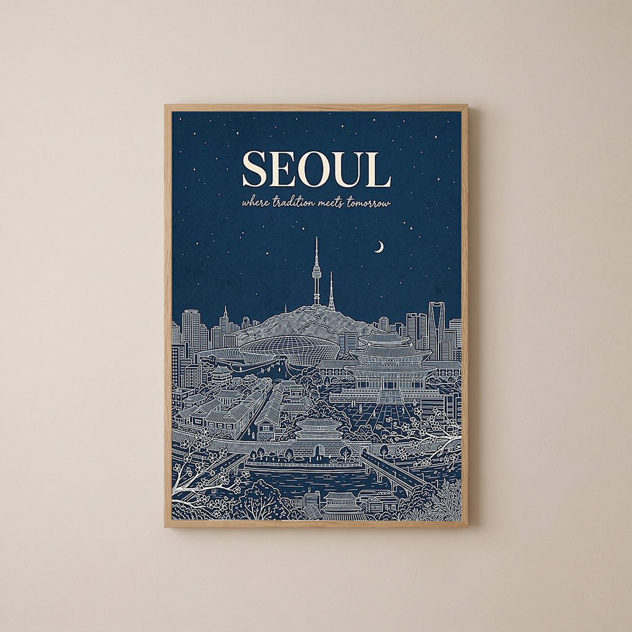 Seoul Line Art Print — Navy N Seoul Tower Gyeongbokgung Palace Skyline Wall Art