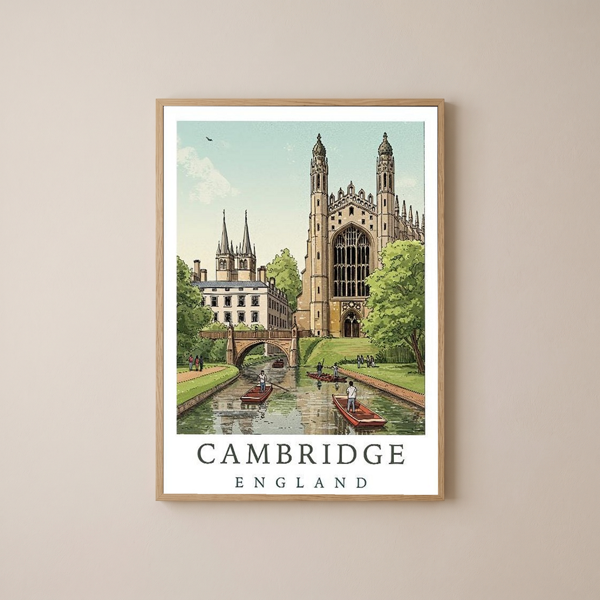 Cambridge England Travel Poster — King's College Punting River Cam Print