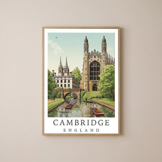 Cambridge England Travel Poster — King's College Punting River Cam Print