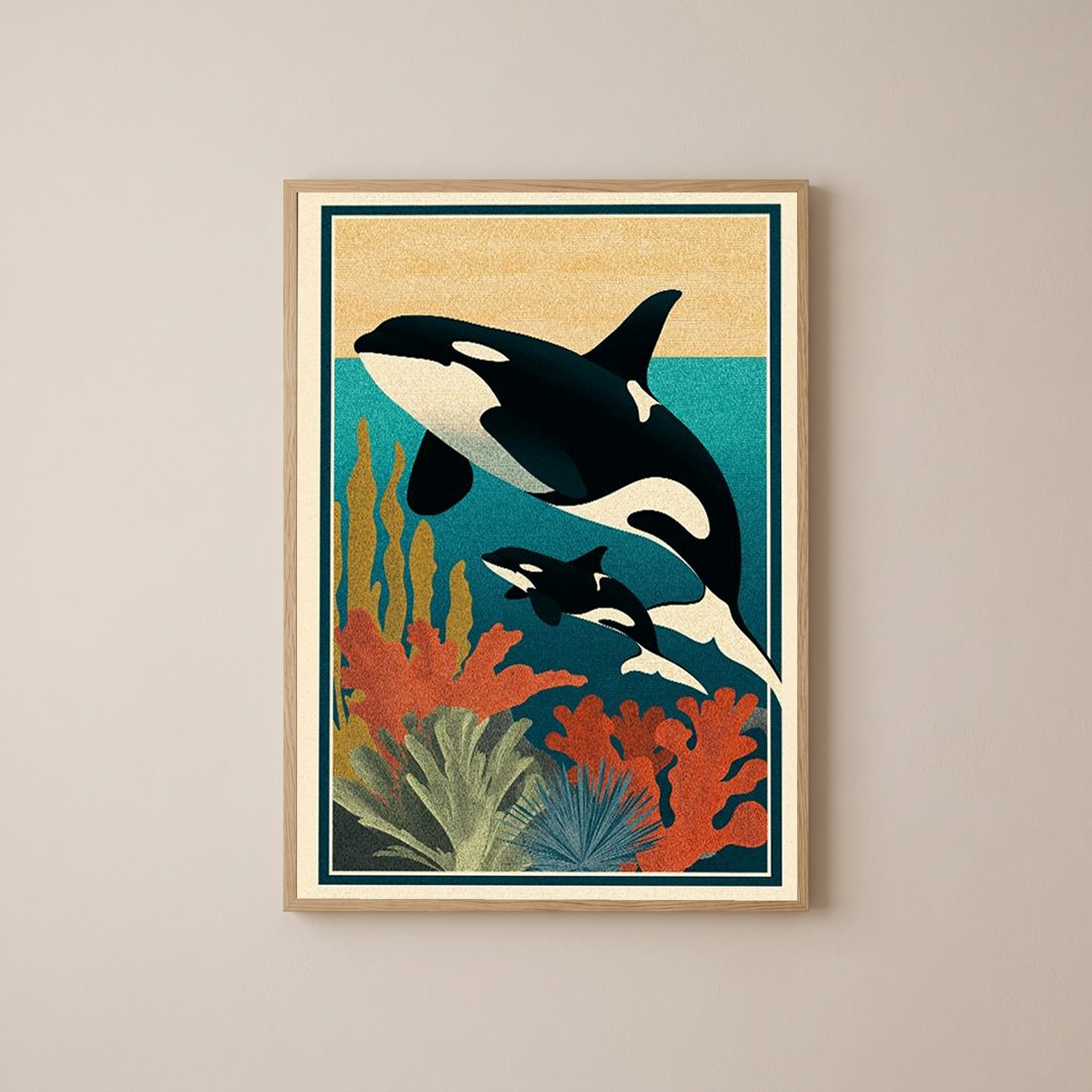 Orca Mother & Calf Ocean Reef Poster - Coastal Wildlife Wall Art