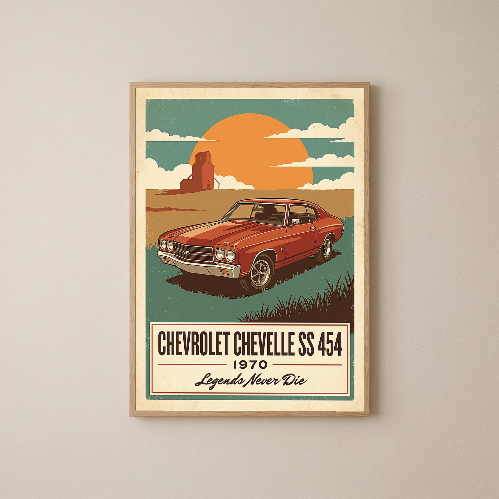 Chevrolet Chevelle SS 454 1970 V8 Sunset Silo Poster — Vintage Muscle Heartland Print