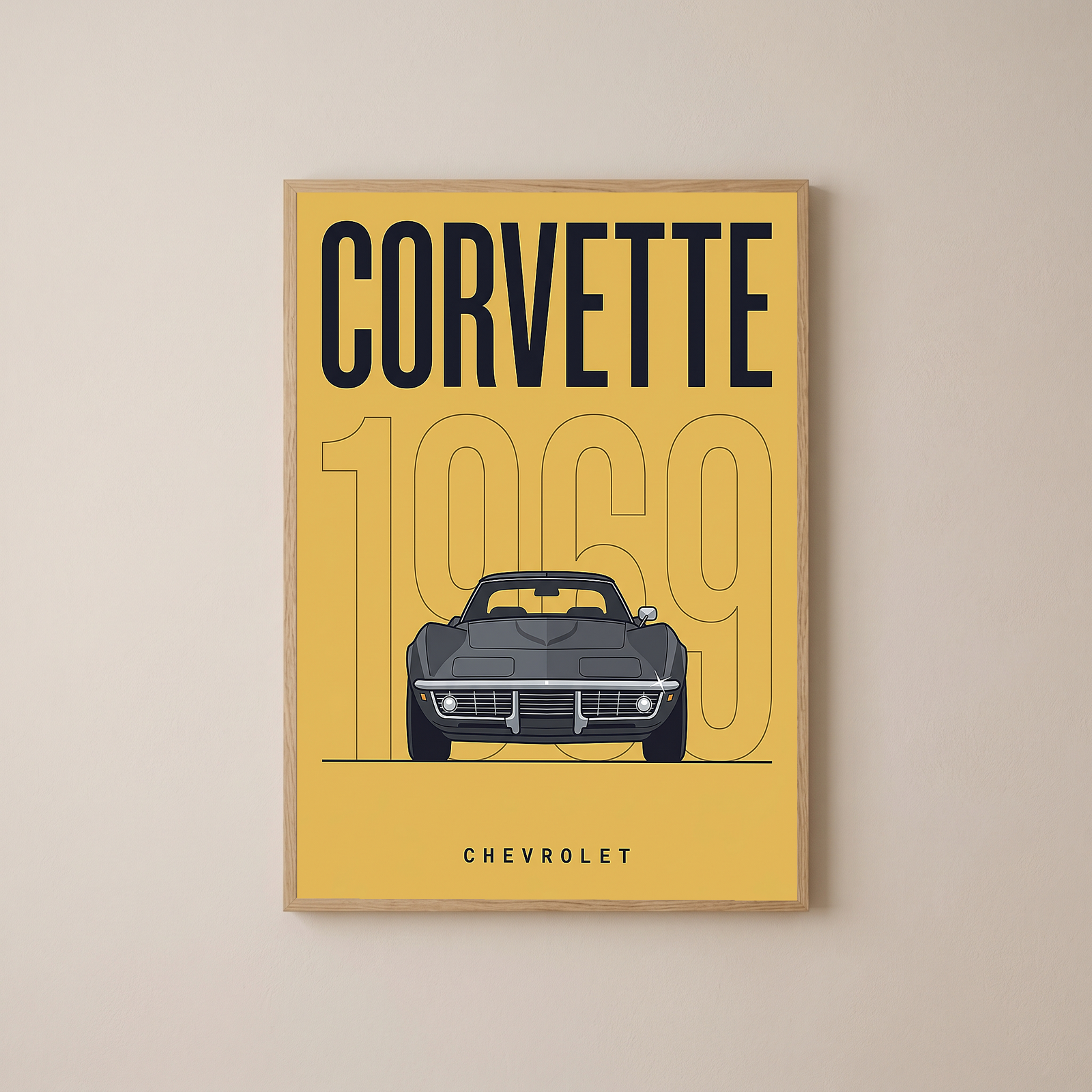Chevrolet Corvette 1969 V2 Yellow Minimalist Poster — Muscle Car Line Art