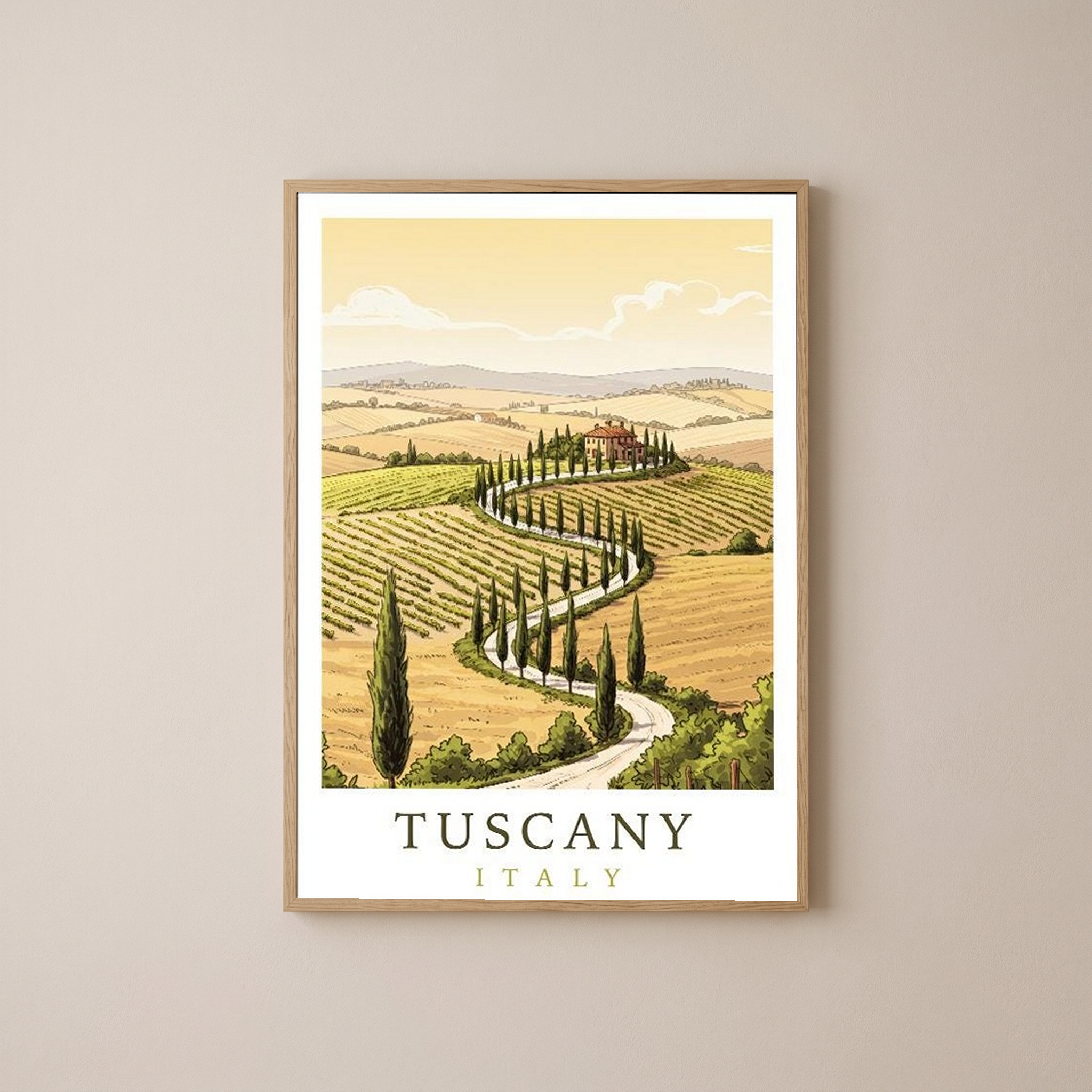Tuscany Italy Travel Poster — Rolling Hills Cypress Vineyards Print