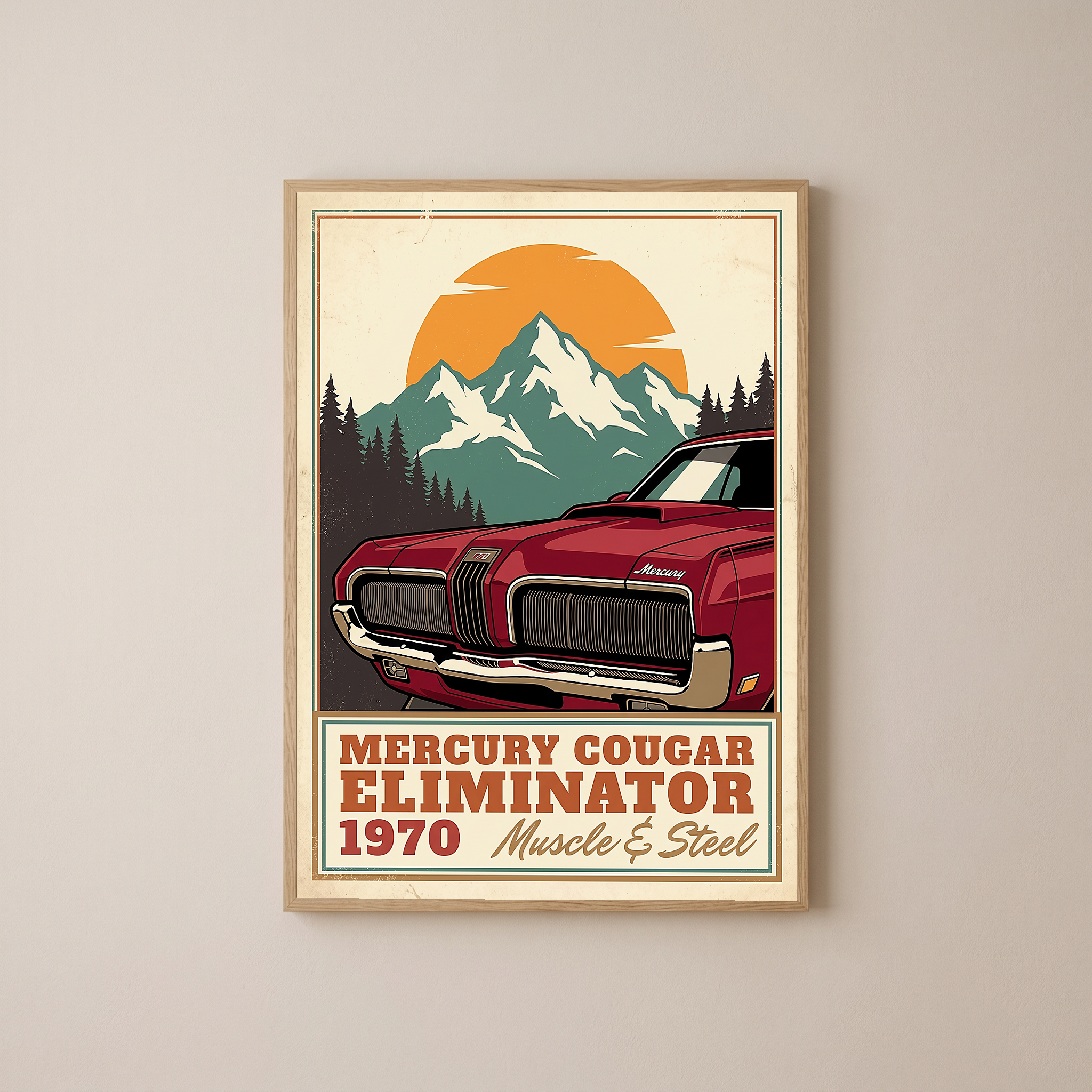 Mercury Cougar Eliminator 1970 V3 Poster — Vintage Muscle Front Grille Mountain Print