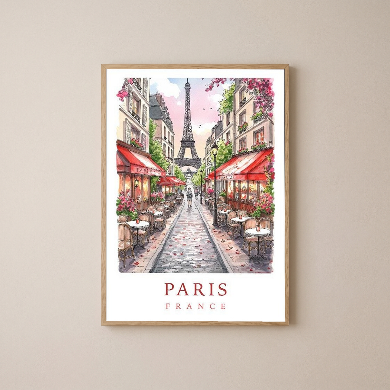 Paris France Travel Poster — Eiffel Tower Street Cafe Print