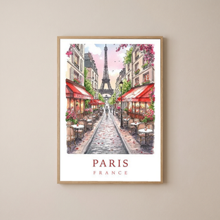Paris France Travel Poster — Eiffel Tower Street Cafe Print