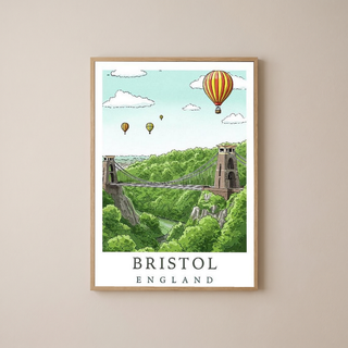 Bristol England Travel Poster — Clifton Bridge Hot Air Balloon Print