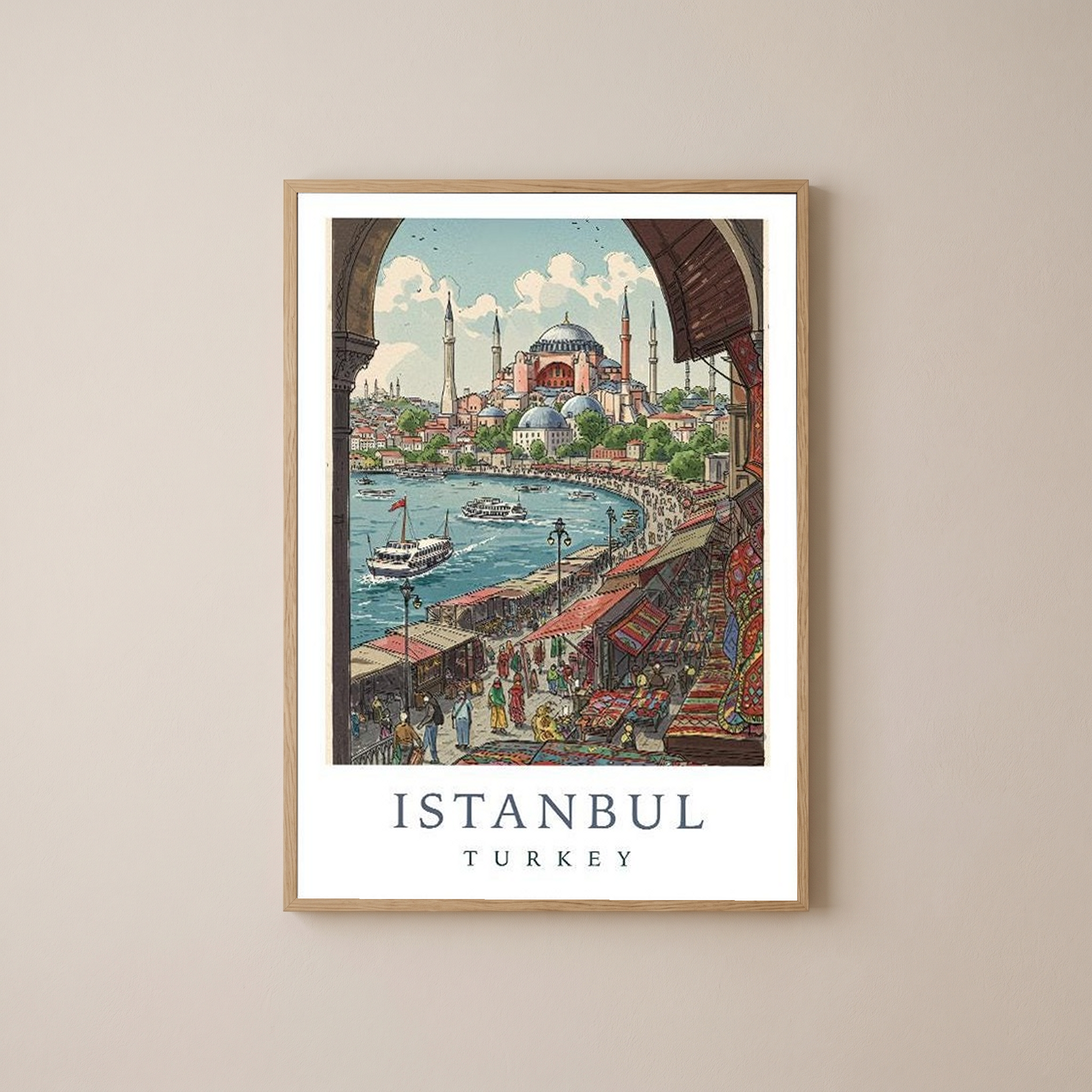 Istanbul Turkey Travel Poster — Hagia Sophia Bosphorus Bazaar Print