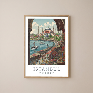 Istanbul Turkey Travel Poster — Hagia Sophia Bosphorus Bazaar Print