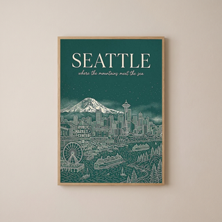 Seattle Line Art Travel Poster — Mount Rainier Cityscape Pacific Northwest Print