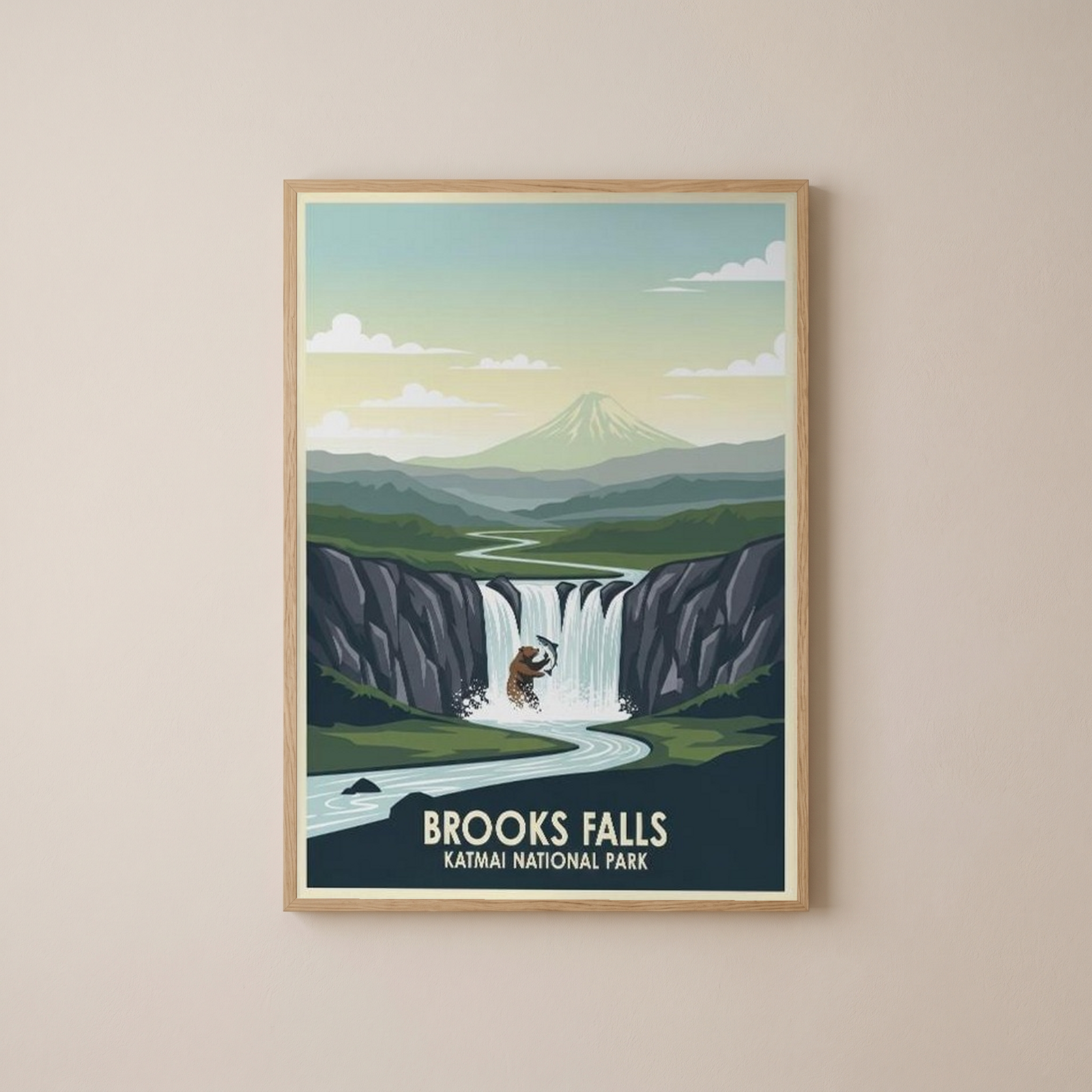 Katmai National Park Poster — Vintage Alaska Brooks Falls Brown Bear Salmon Print