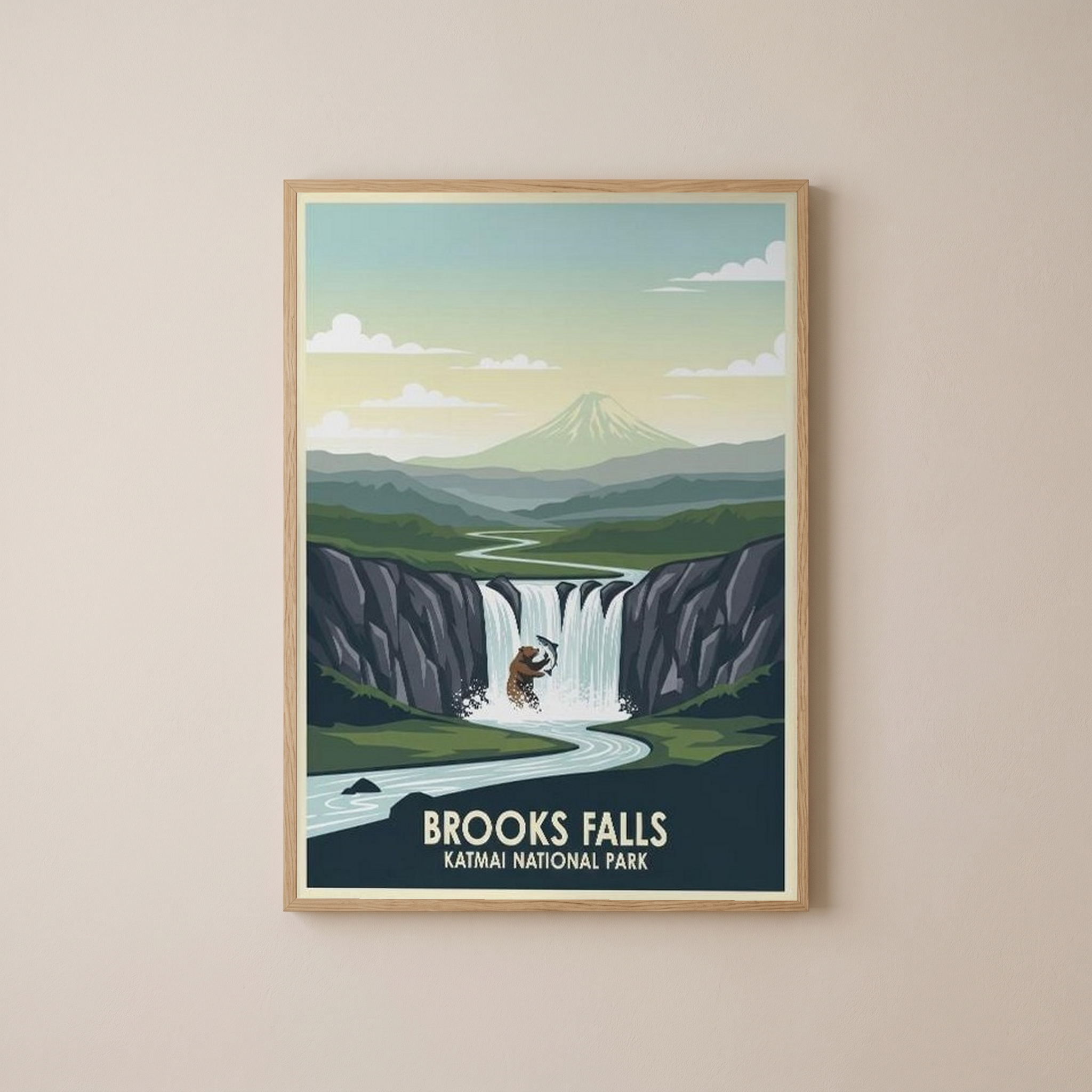 Katmai National Park Poster — Vintage Alaska Brooks Falls Brown Bear Salmon Print