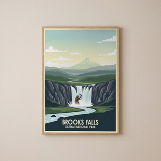 Katmai National Park Poster — Vintage Alaska Brooks Falls Brown Bear Salmon Print