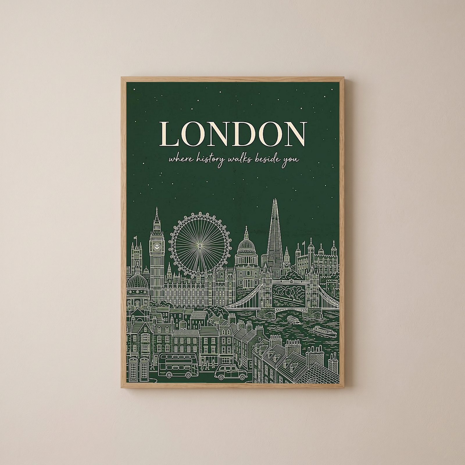 London Line Art Print — Forest Green Big Ben London Eye Skyline Wall Art