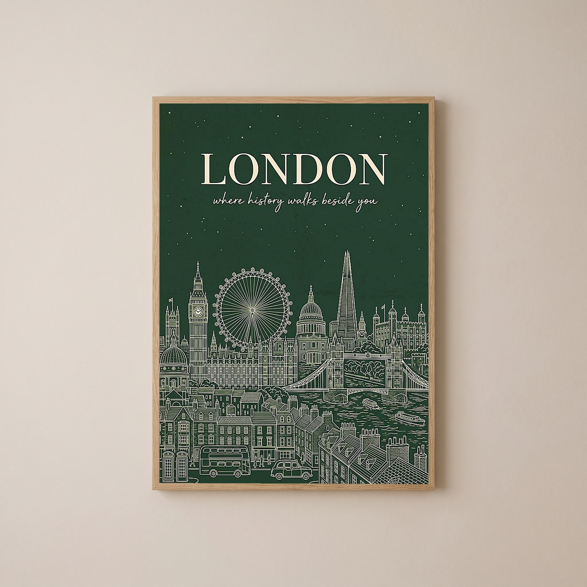 London Line Art Print — Forest Green Big Ben London Eye Skyline Wall Art