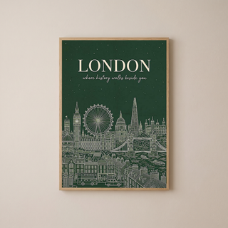 London Line Art Print — Forest Green Big Ben London Eye Skyline Wall Art