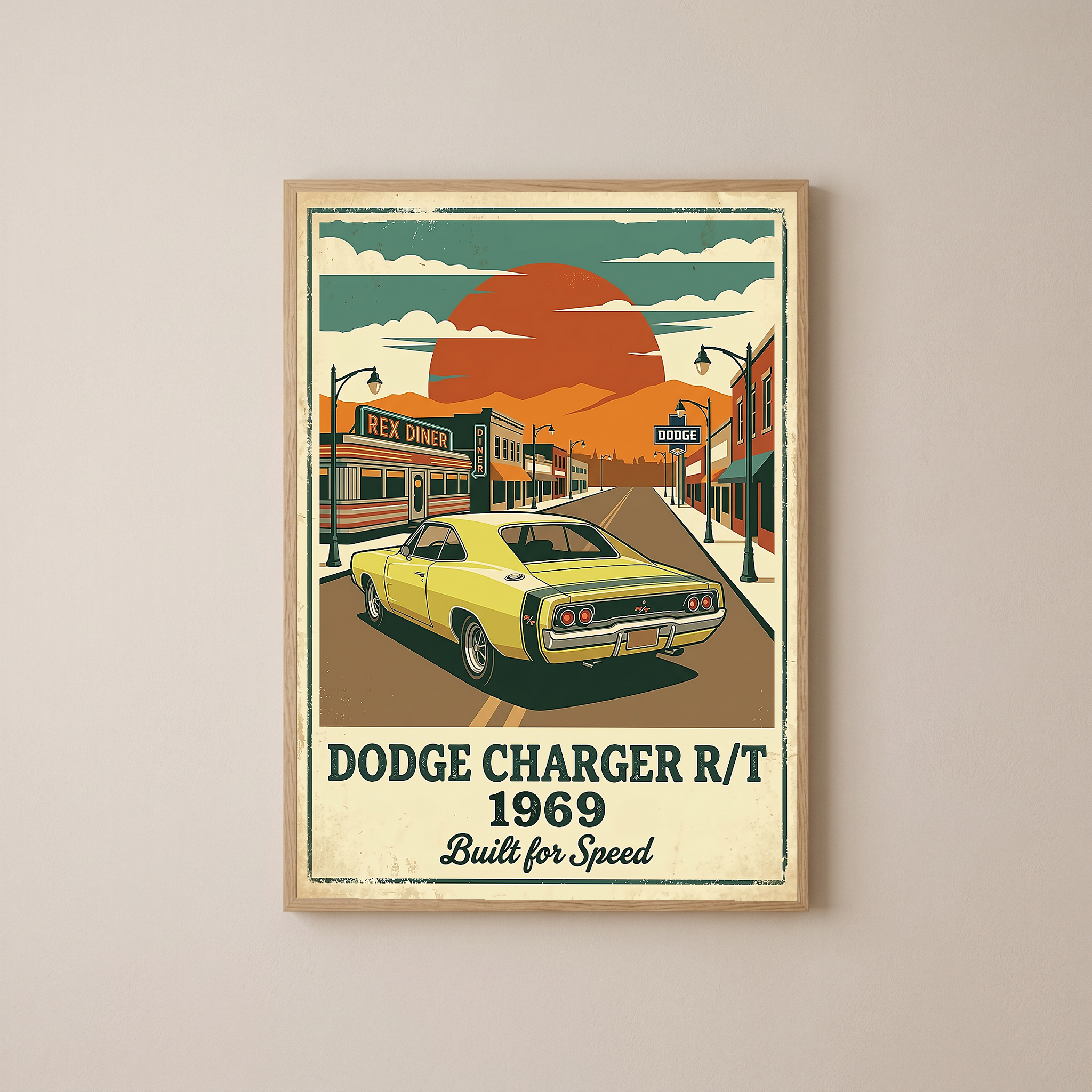 Dodge Charger R/T 1969 Yellow Edition — Vintage Muscle Diner Main Street Print