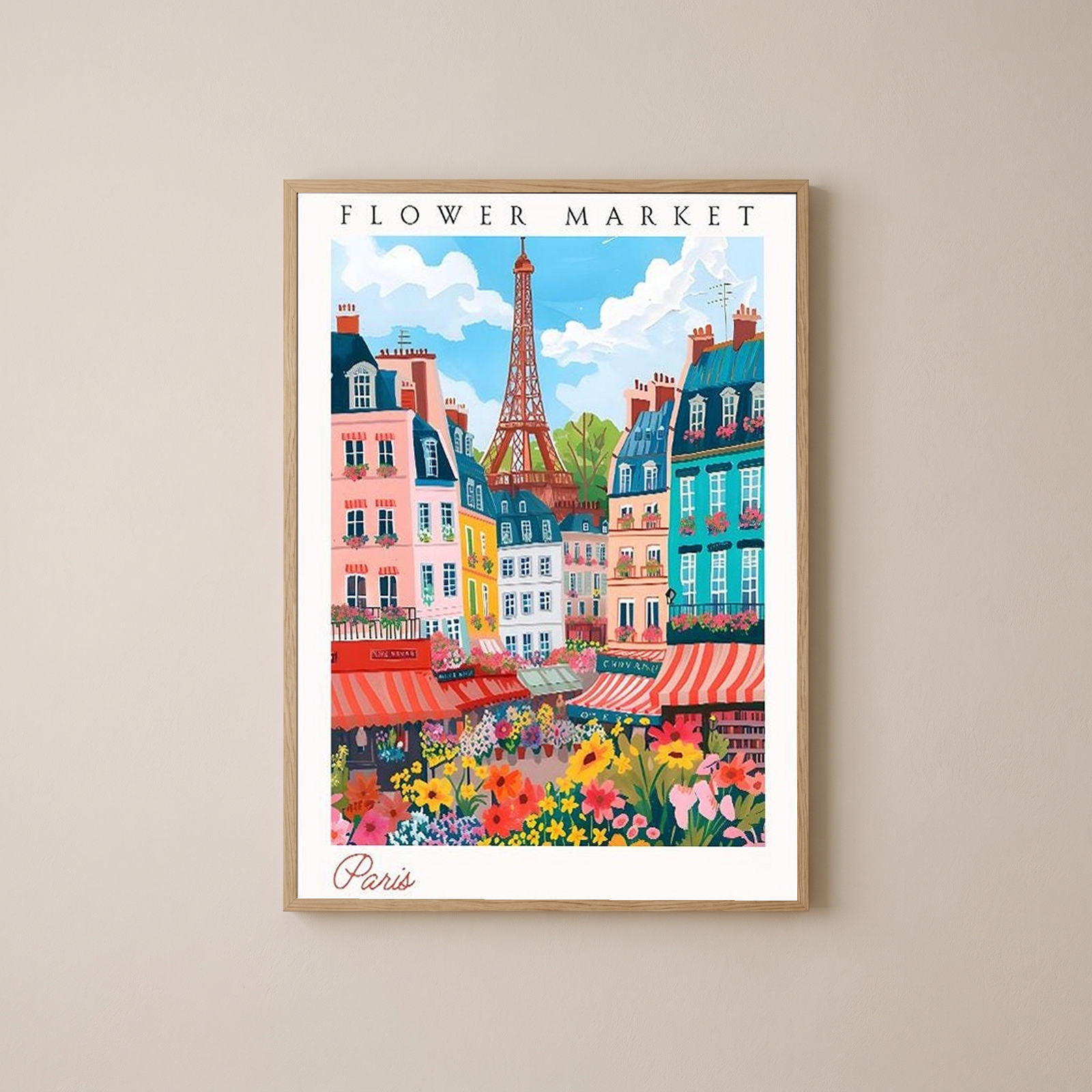 Paris Flower Market Print — Eiffel Tower Cityscape French Botanical Art