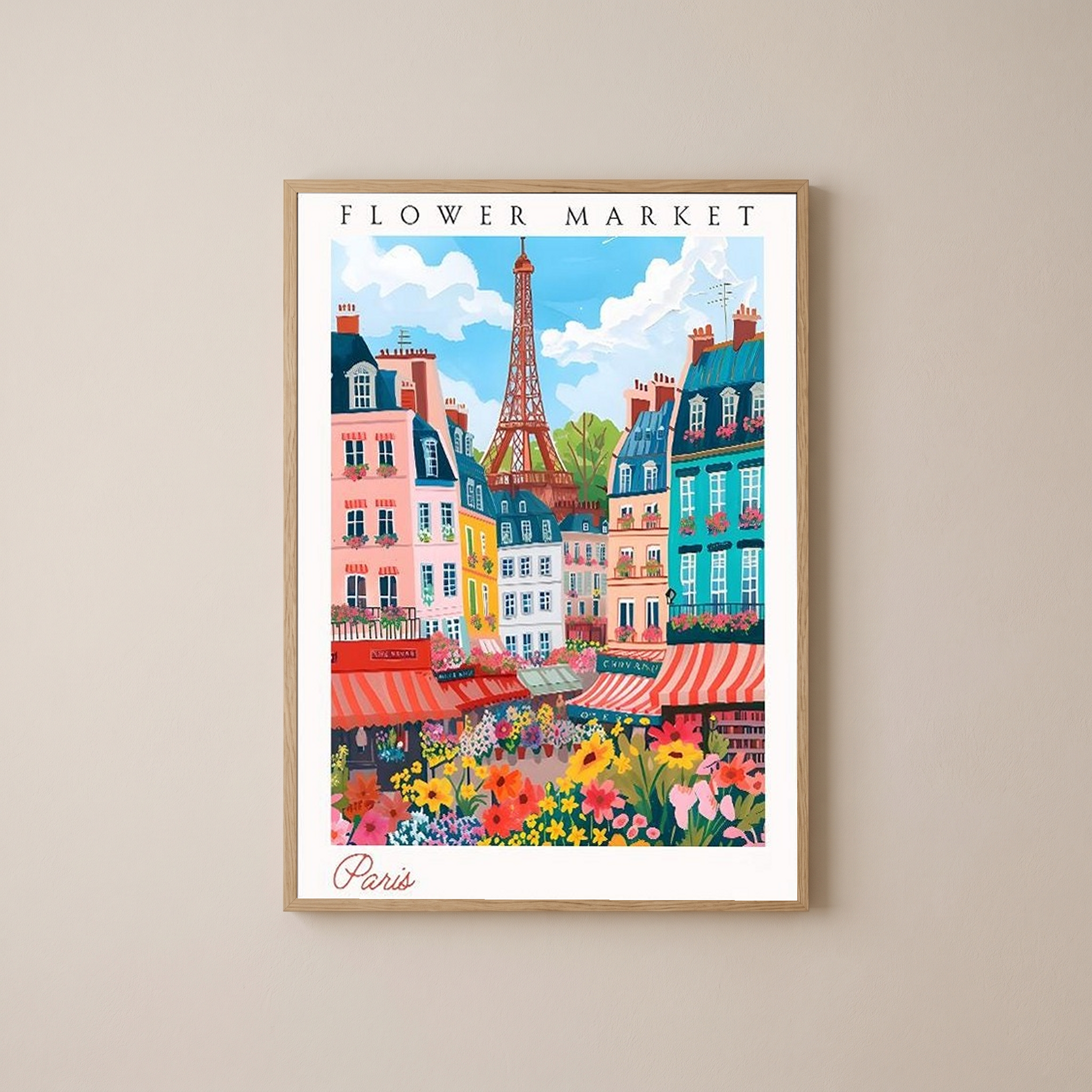 Paris Flower Market Print — Eiffel Tower Cityscape French Botanical Art