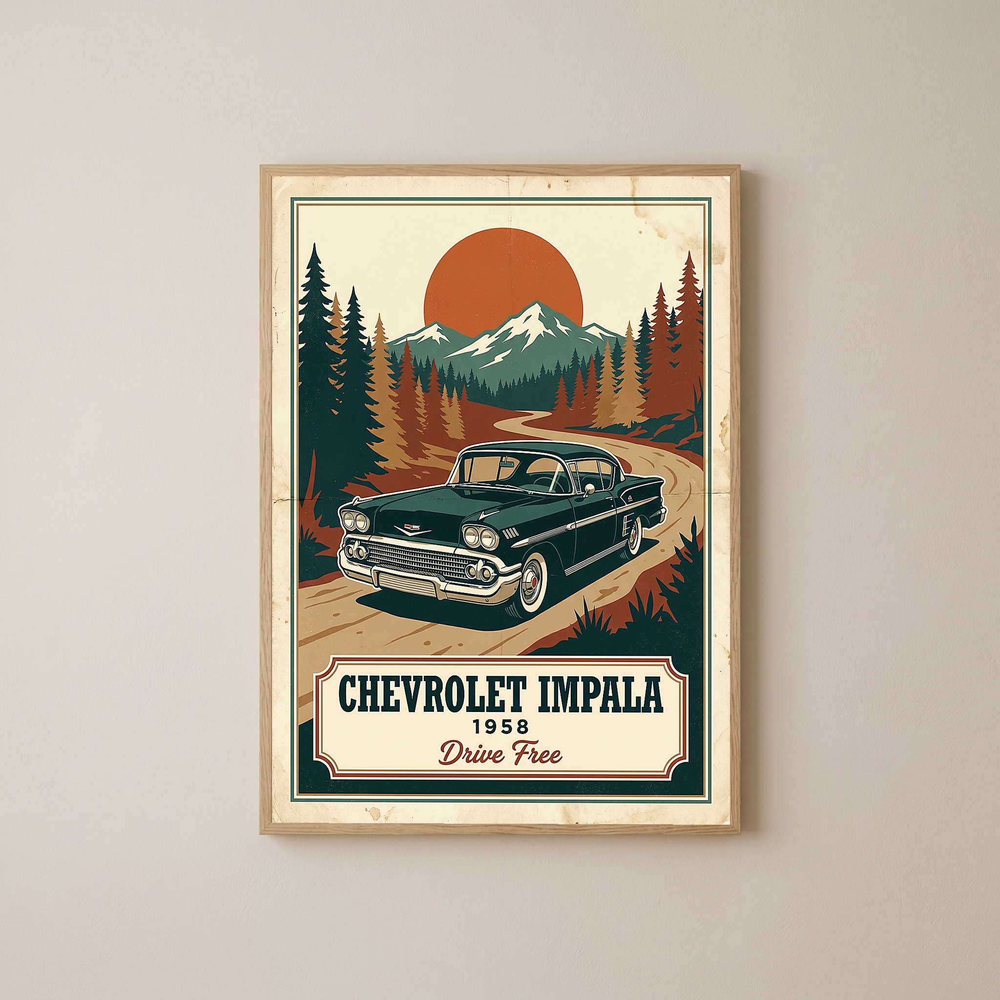 Chevrolet Impala 1958 Poster — Vintage Muscle Mountain Pine Sunset Print