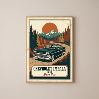 Chevrolet Impala 1958 Poster — Vintage Muscle Mountain Pine Sunset Print