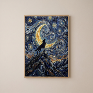 Black Wolf Howling Crescent Moon Print — Van Gogh-Style Mountain Wall Art
