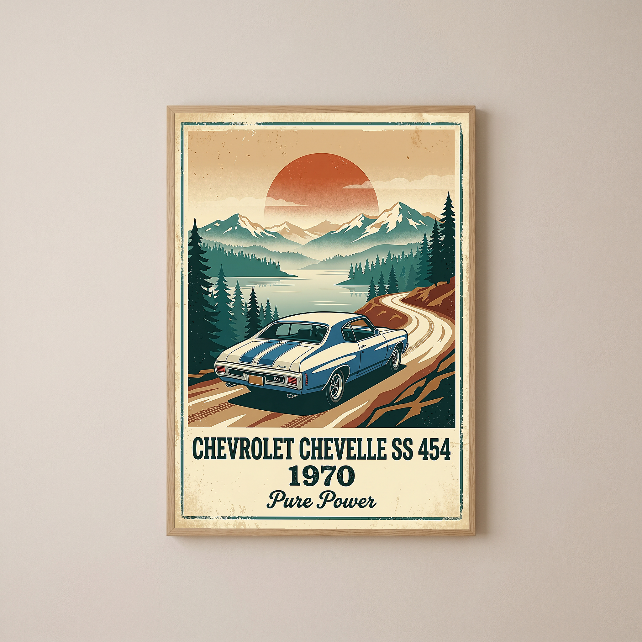 Chevrolet Chevelle SS 454 1970 Sky Blue Poster — Vintage Muscle Car Mountain Lake Print