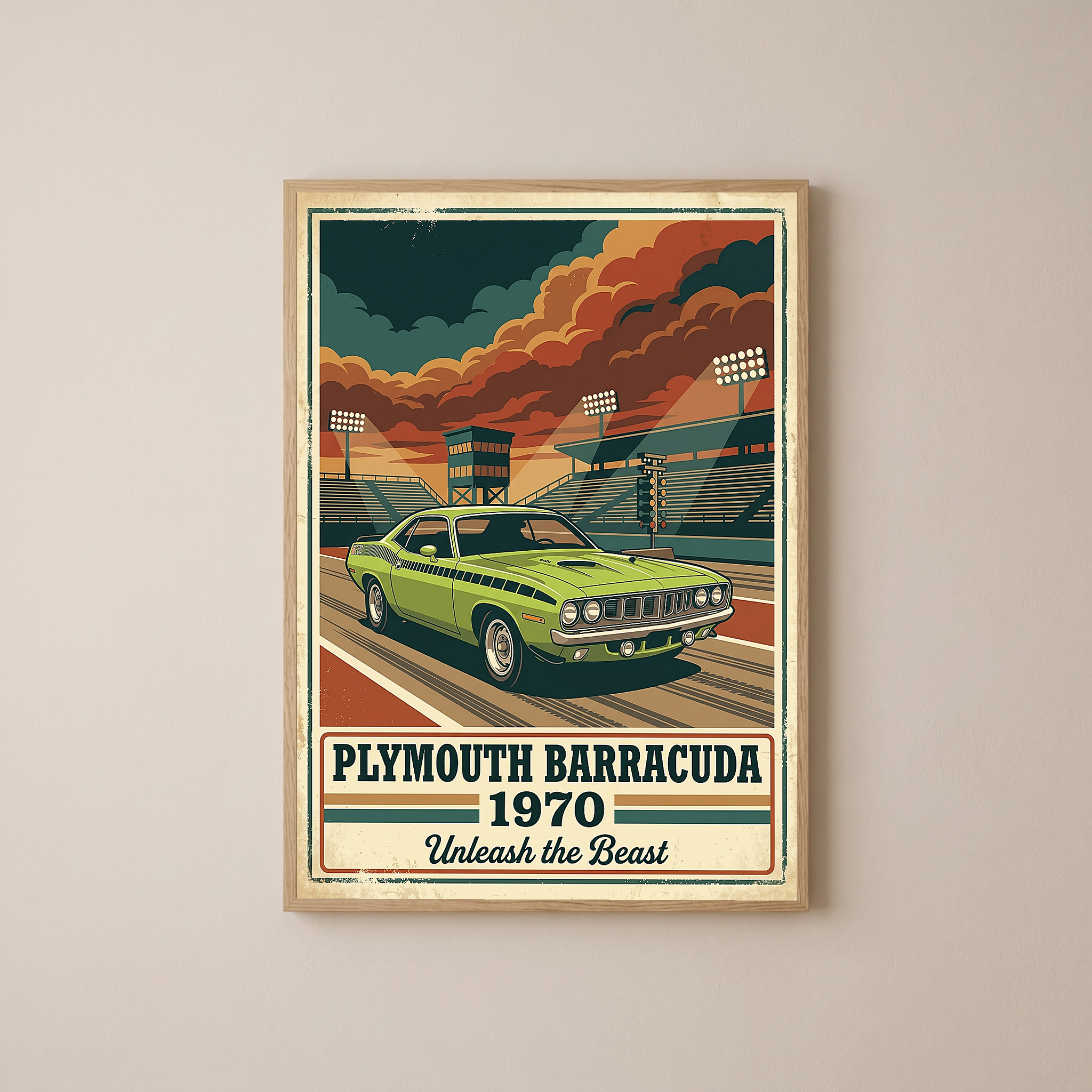 Plymouth Barracuda 1970 Poster — Vintage Muscle Car Race Track Print