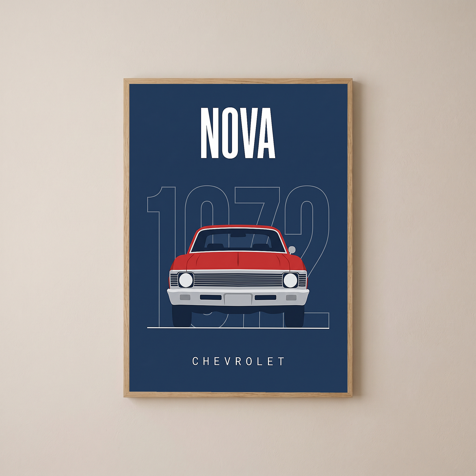Chevrolet Nova 1972 Minimalist Poster — Red on Navy Compact Muscle Line Art
